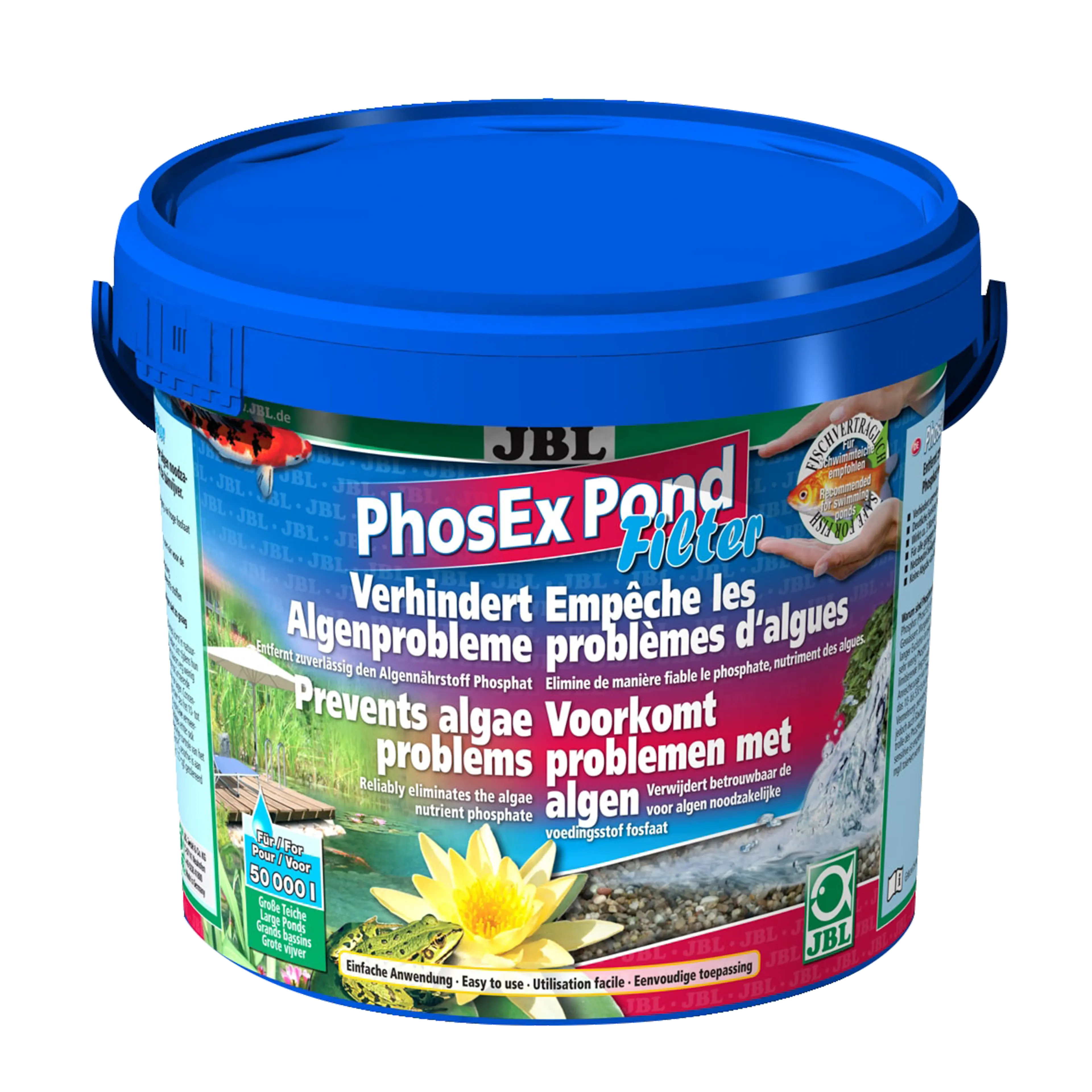 For fish- and plant-friendly pond water: Granules for pond filters for reliable removal of phosphate, an algae nutrient, from pond water.
