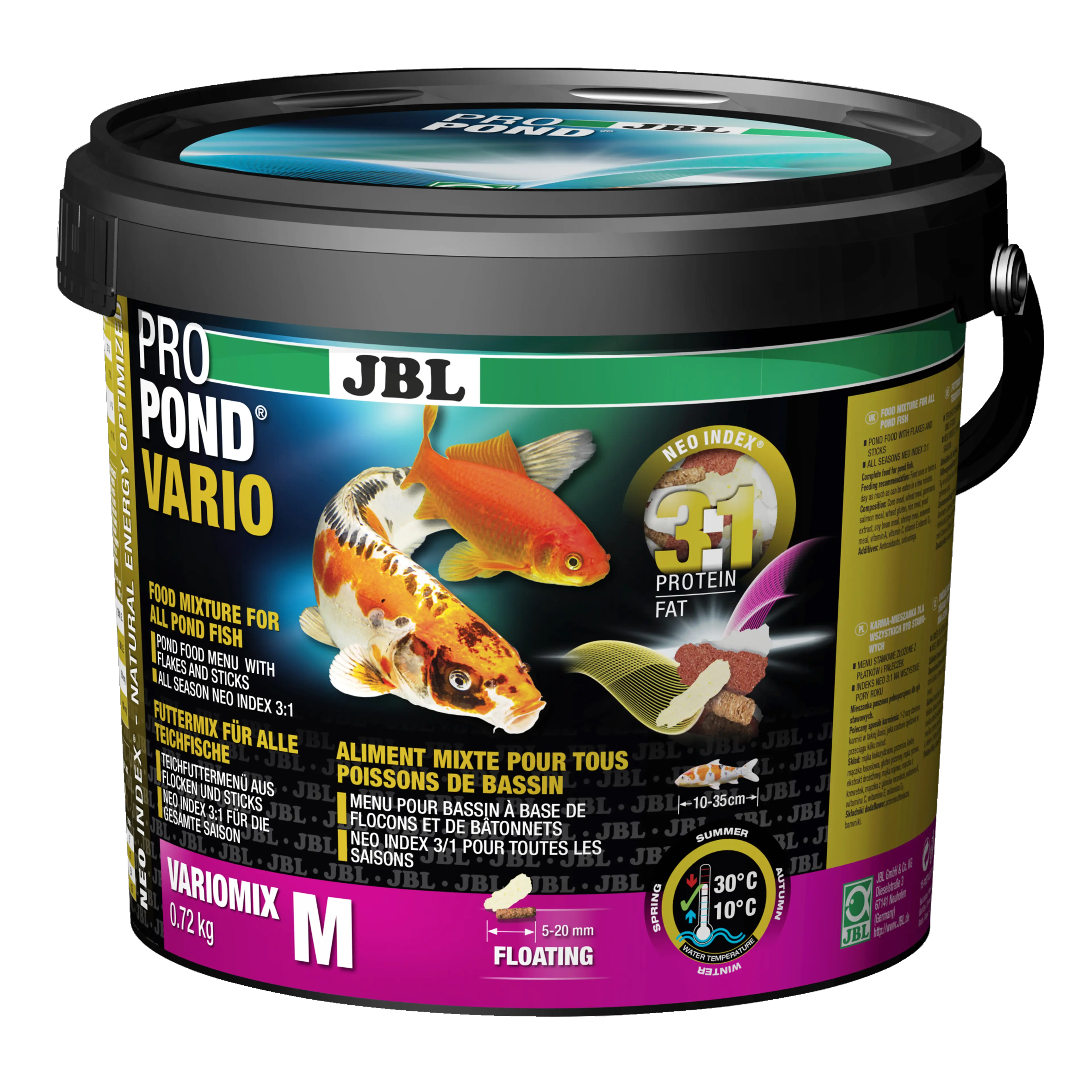 Complete feed with the correct protein-fat ratio of 3:1 according to the NEO Index, which takes into account water temperature, function, animal size and age.