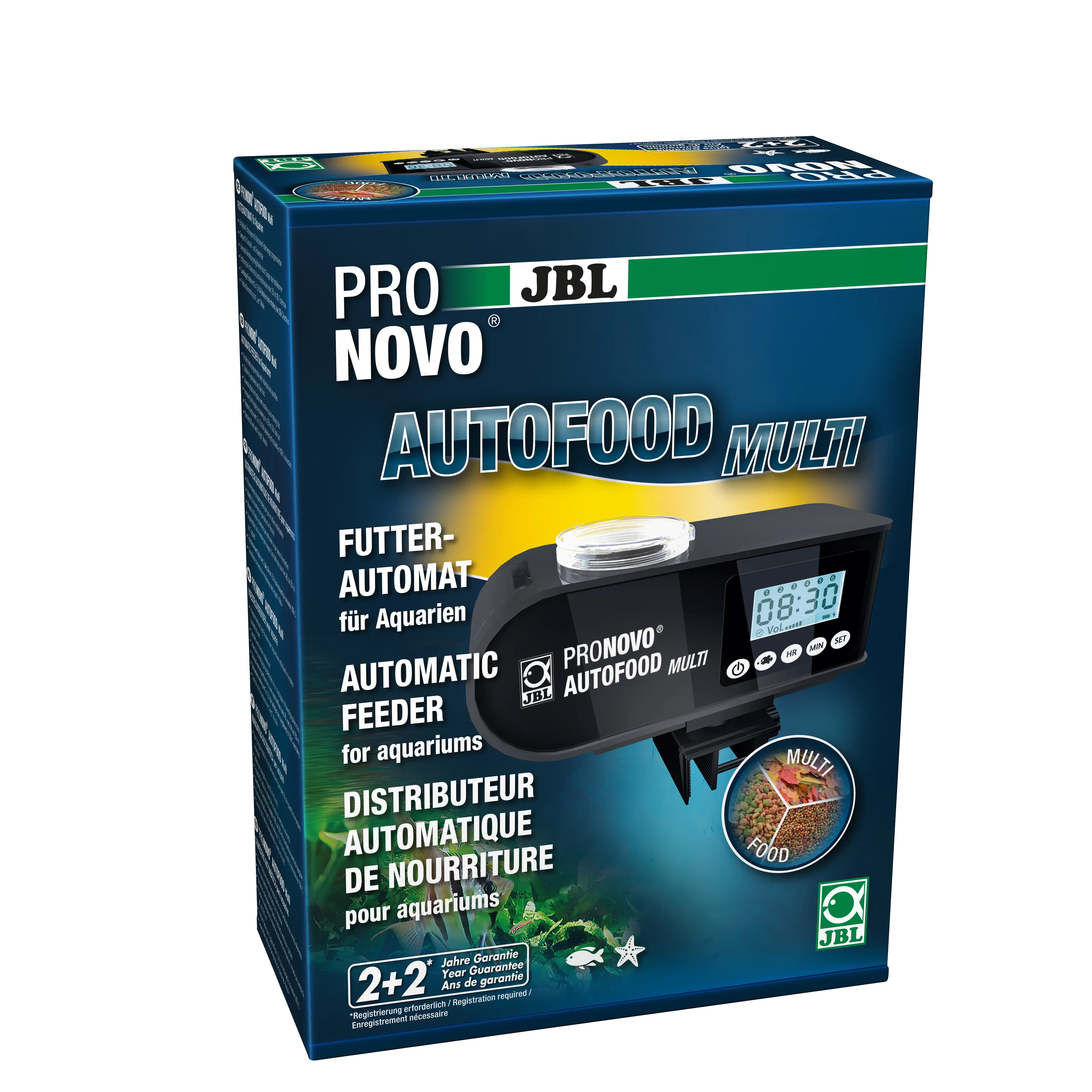 Feed freshwater or saltwater aquarium fish with flakes or pellets (up to 3 mm) up to 6 times a day. The control panel features an ON/OFF switch