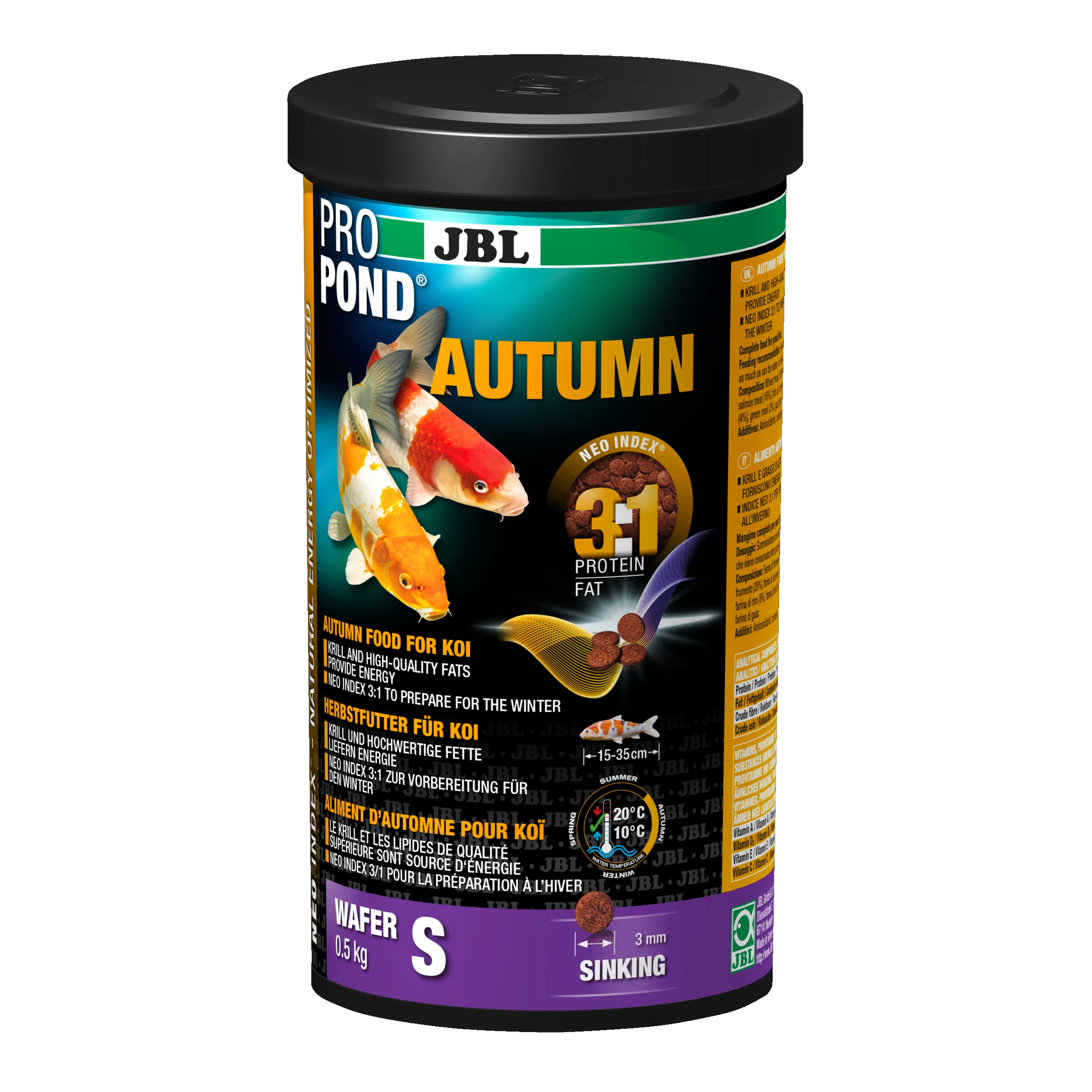 Complete feed with the correct protein-fat ratio of 3:1 according to the NEO Index, which takes into account water temperature, function, animal size and age.