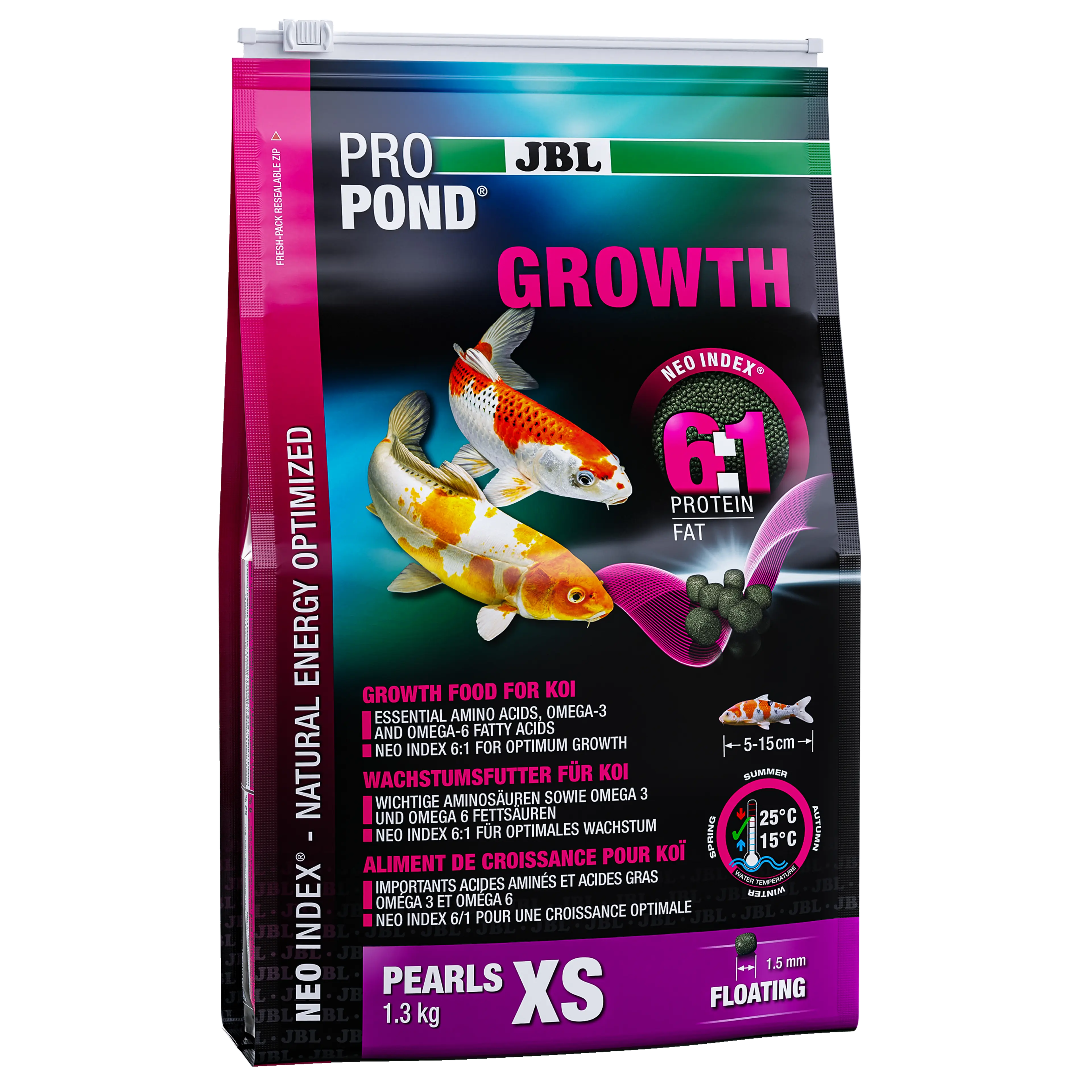 Complete food with the correct protein-fat ratio of 6:1 according to the NEO Index, which takes into account water temperature, function, animal size and age.