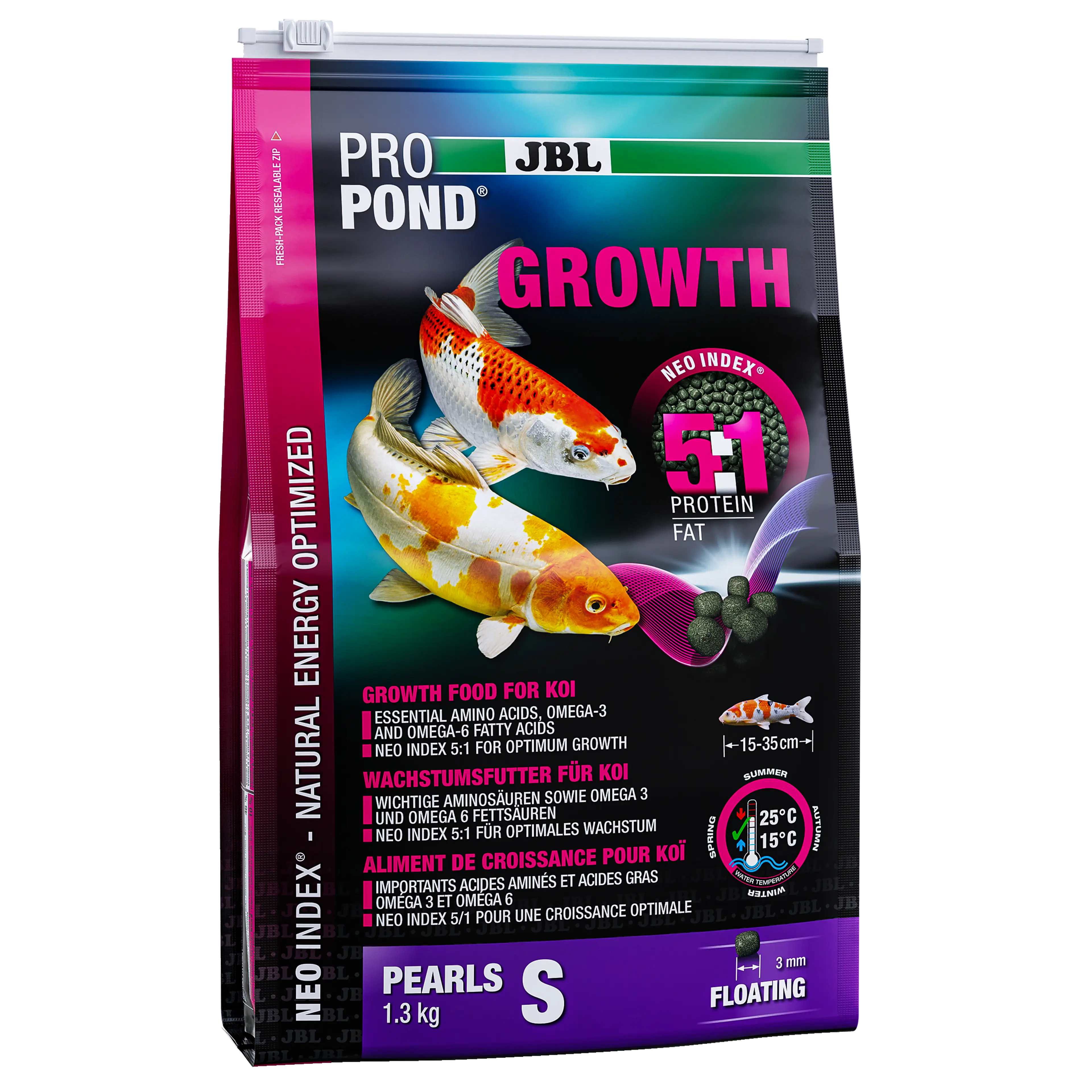 Complete feed with the correct protein-fat ratio of 5:1 according to the NEO Index, which takes into account water temperature, function, animal size and age.