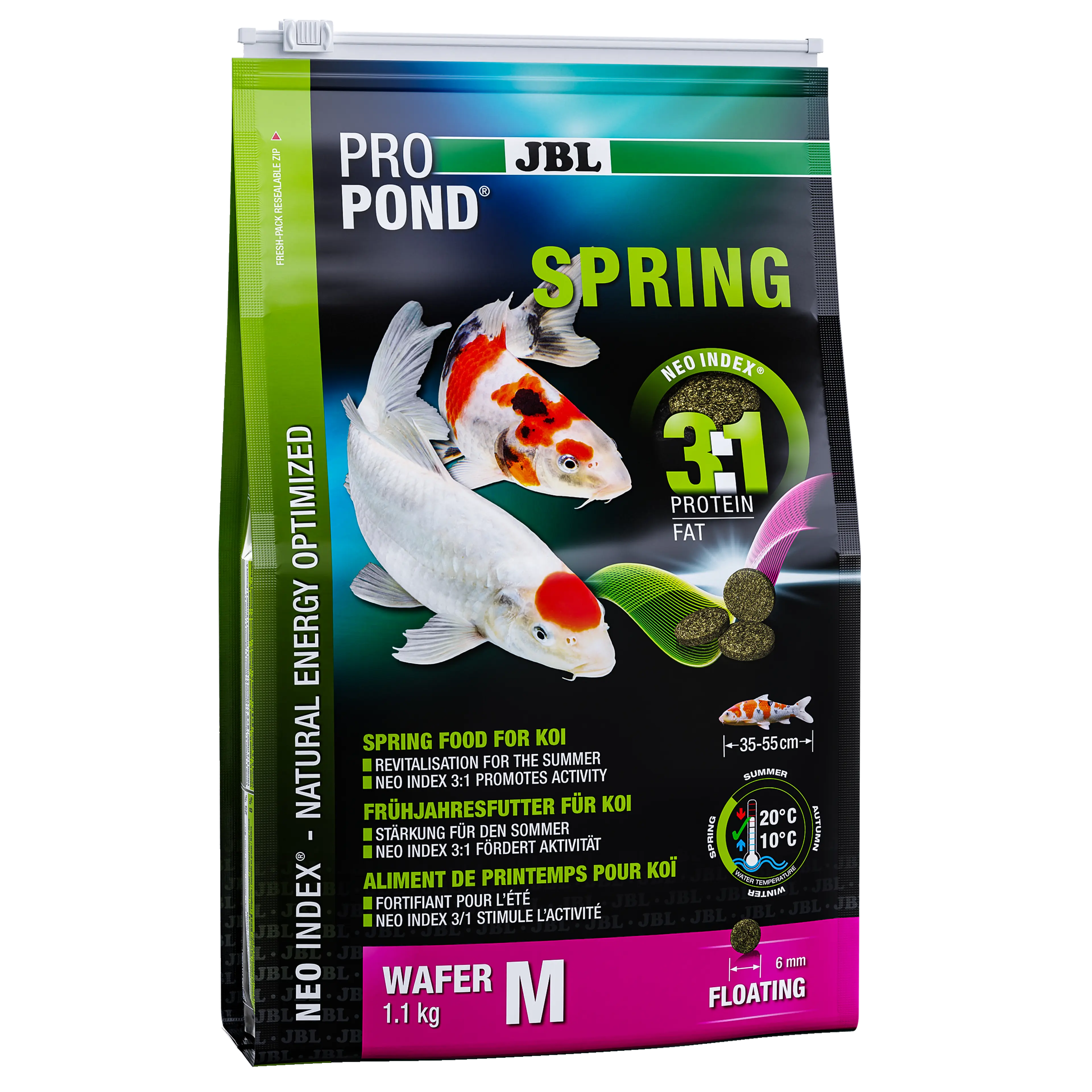 Complete feed with the correct protein-fat ratio of 3:1 according to the NEO Index, which takes into account water temperature, function, animal size and age.