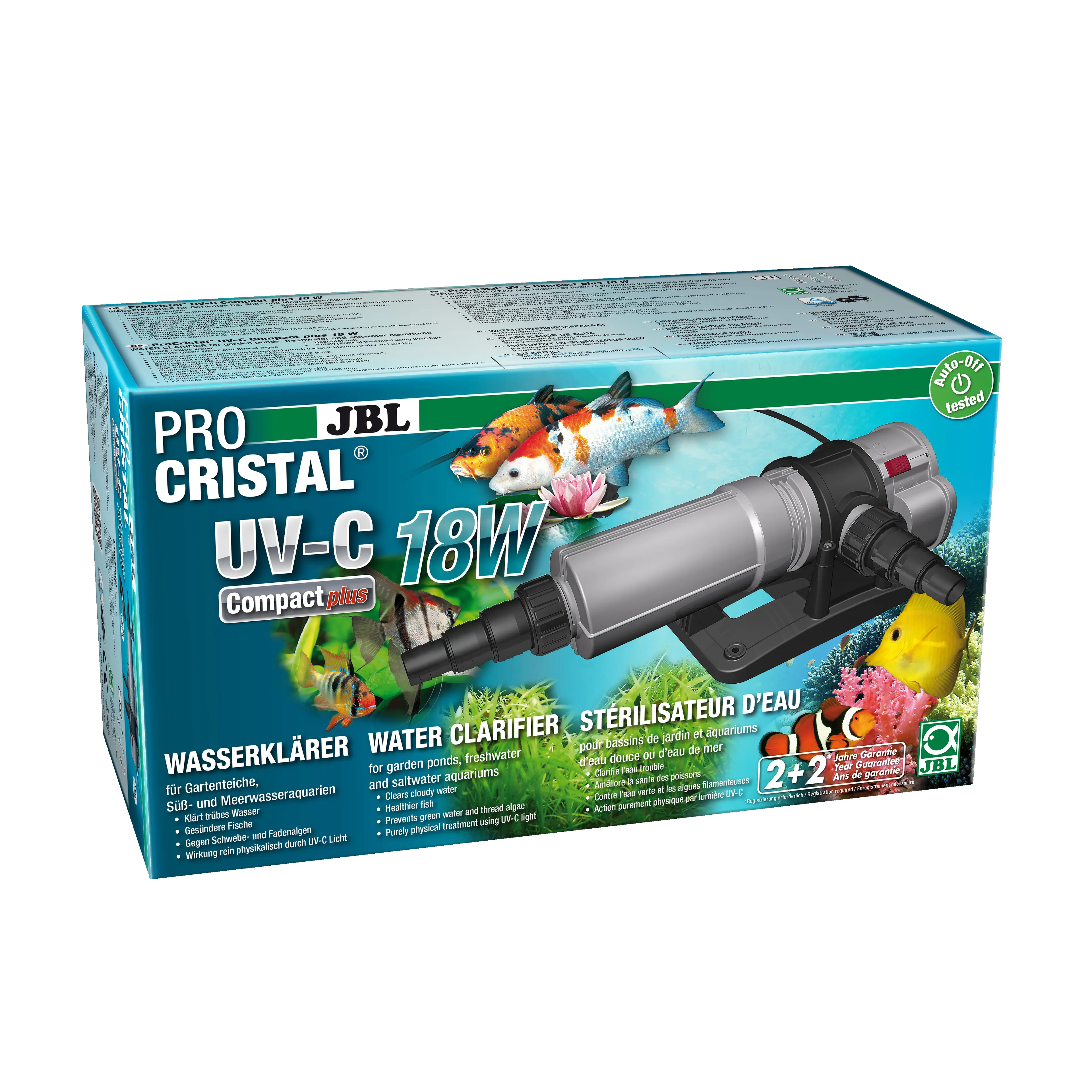 Crystal clear and healthy water: 18 W UV-C water clarifier for fast and efficient removal of greenish and whitish cloudiness in freshwater and saltwater aquariums as well as garden ponds.