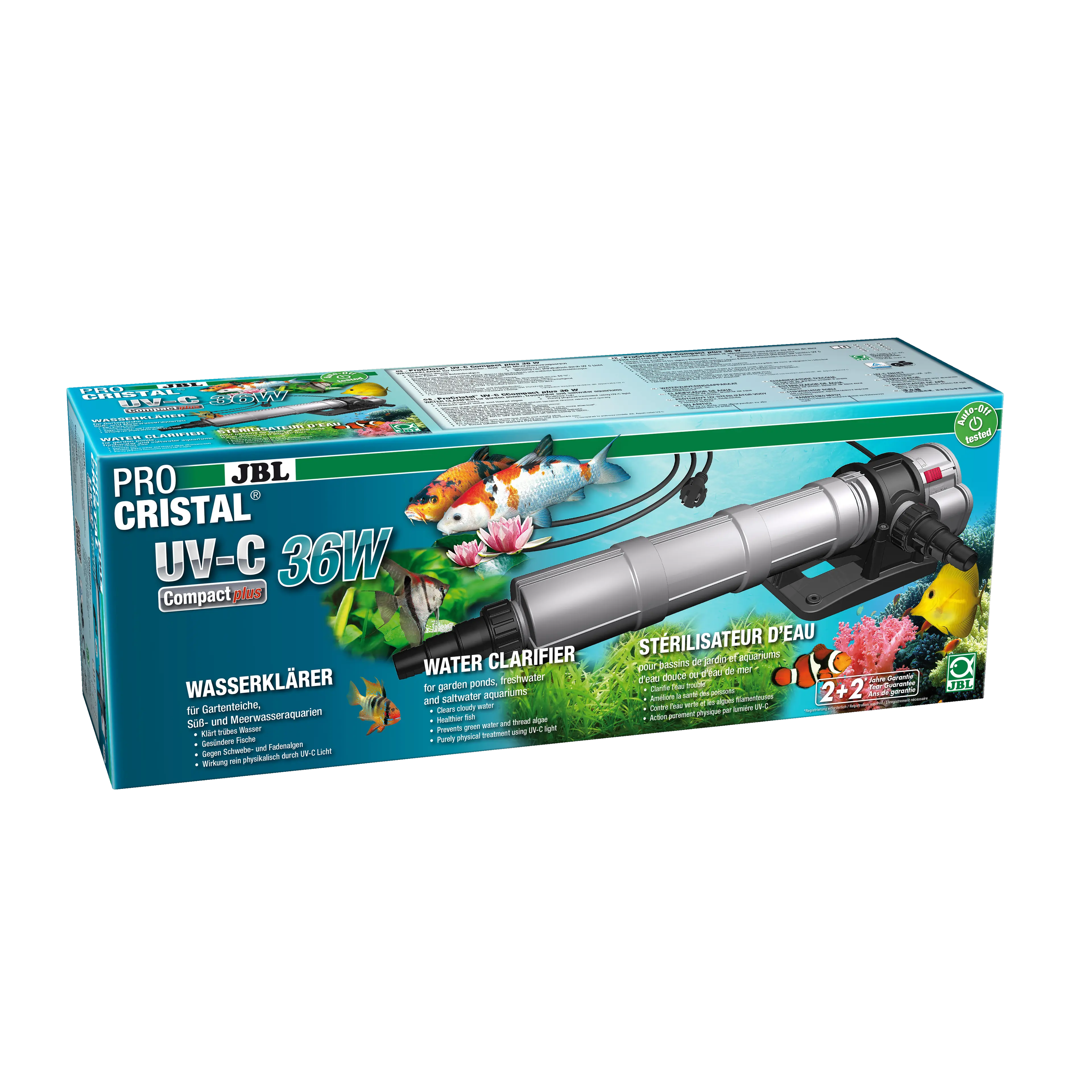 Crystal clear and healthy water: 36 W UV-C water clarifier for fast and efficient removal of greenish and whitish cloudiness in freshwater and saltwater aquariums as well as garden ponds.