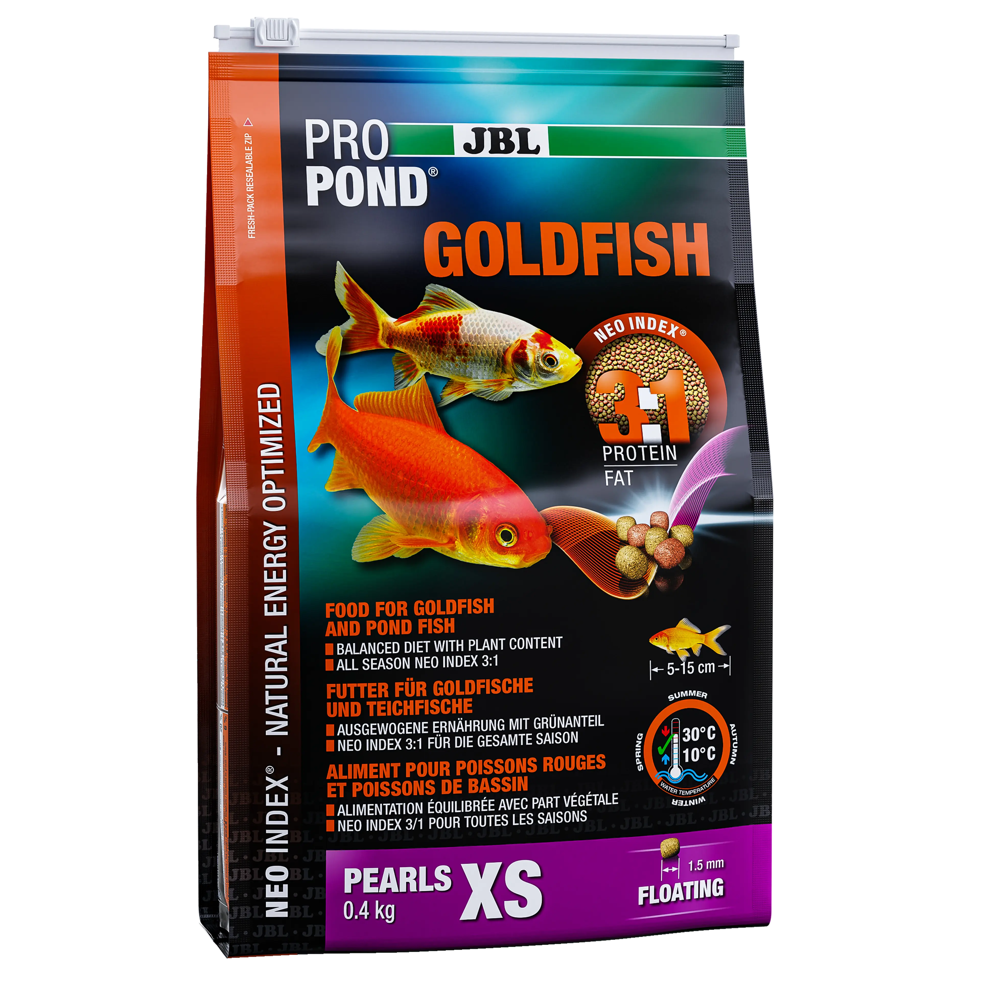 Complete feed with the correct protein-fat ratio of 3:1 according to the NEO Index, which takes into account water temperature, function, animal size and age.