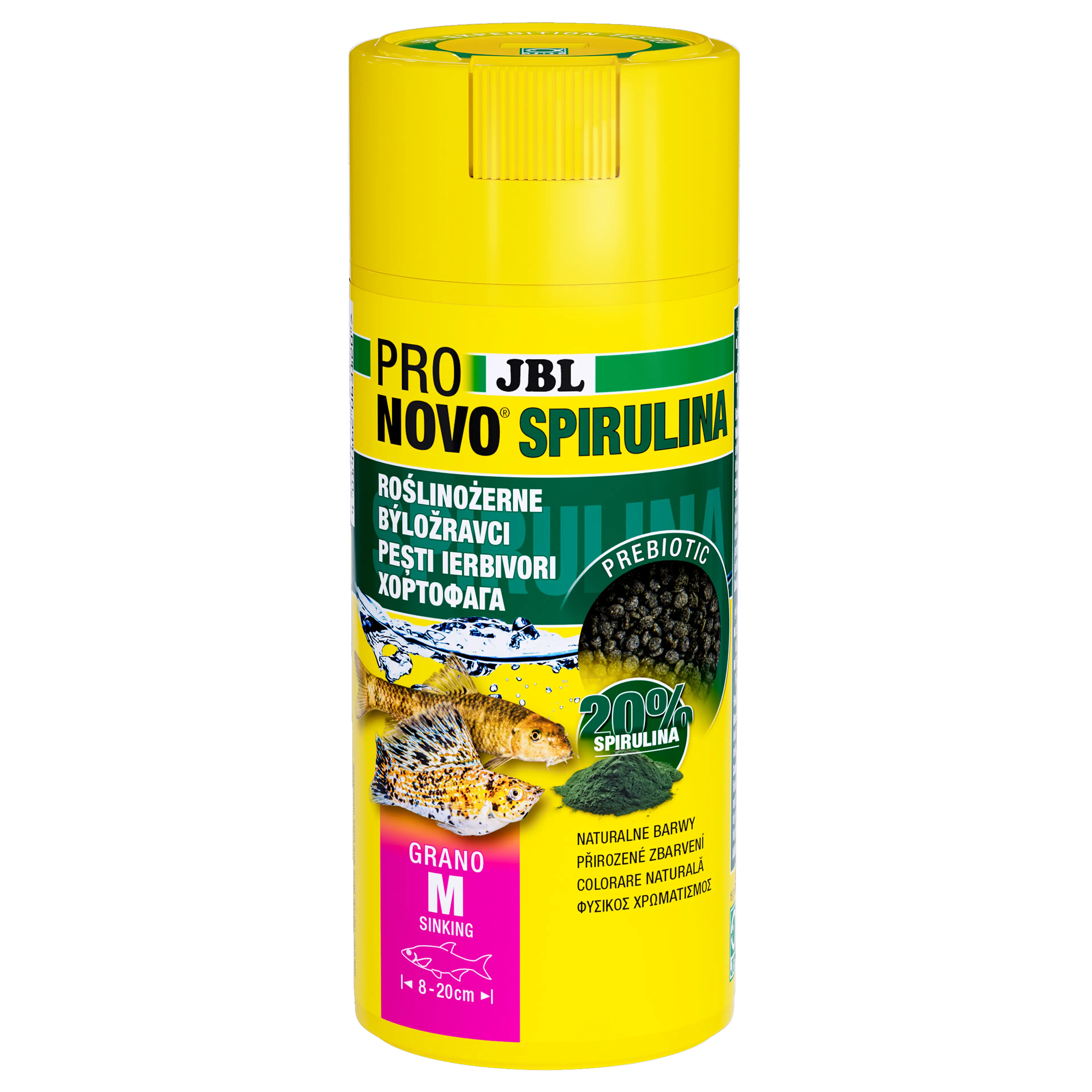 Potápějící se prebiotické krmné granule ze spiruliny pro býložravé (rostliny/řasy) obyvatele akvárií, jako jsou živorodé ryby a sumci.