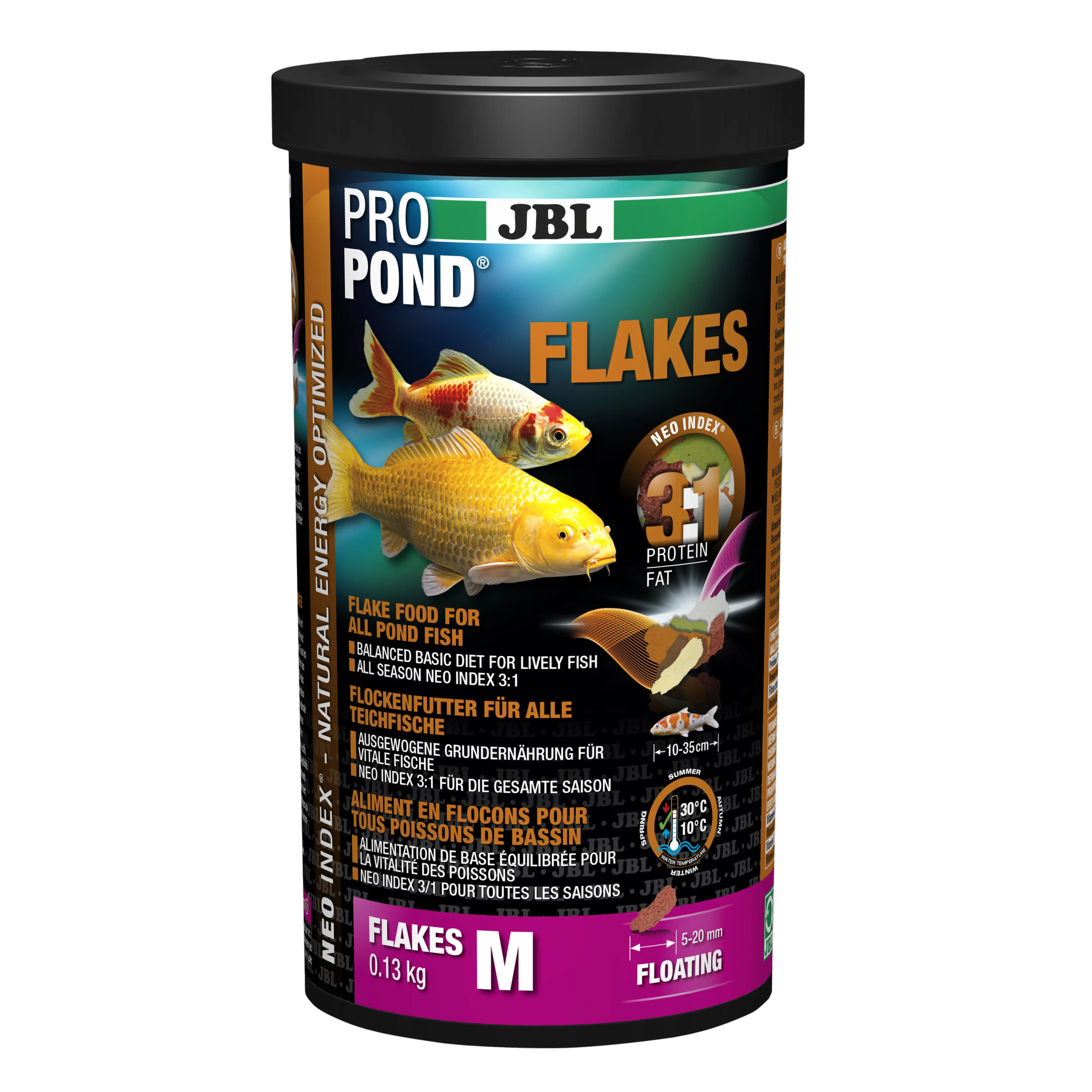 Complete feed with the correct protein-fat ratio of 3:1 according to the NEO Index, which takes into account water temperature, function, animal size and age.