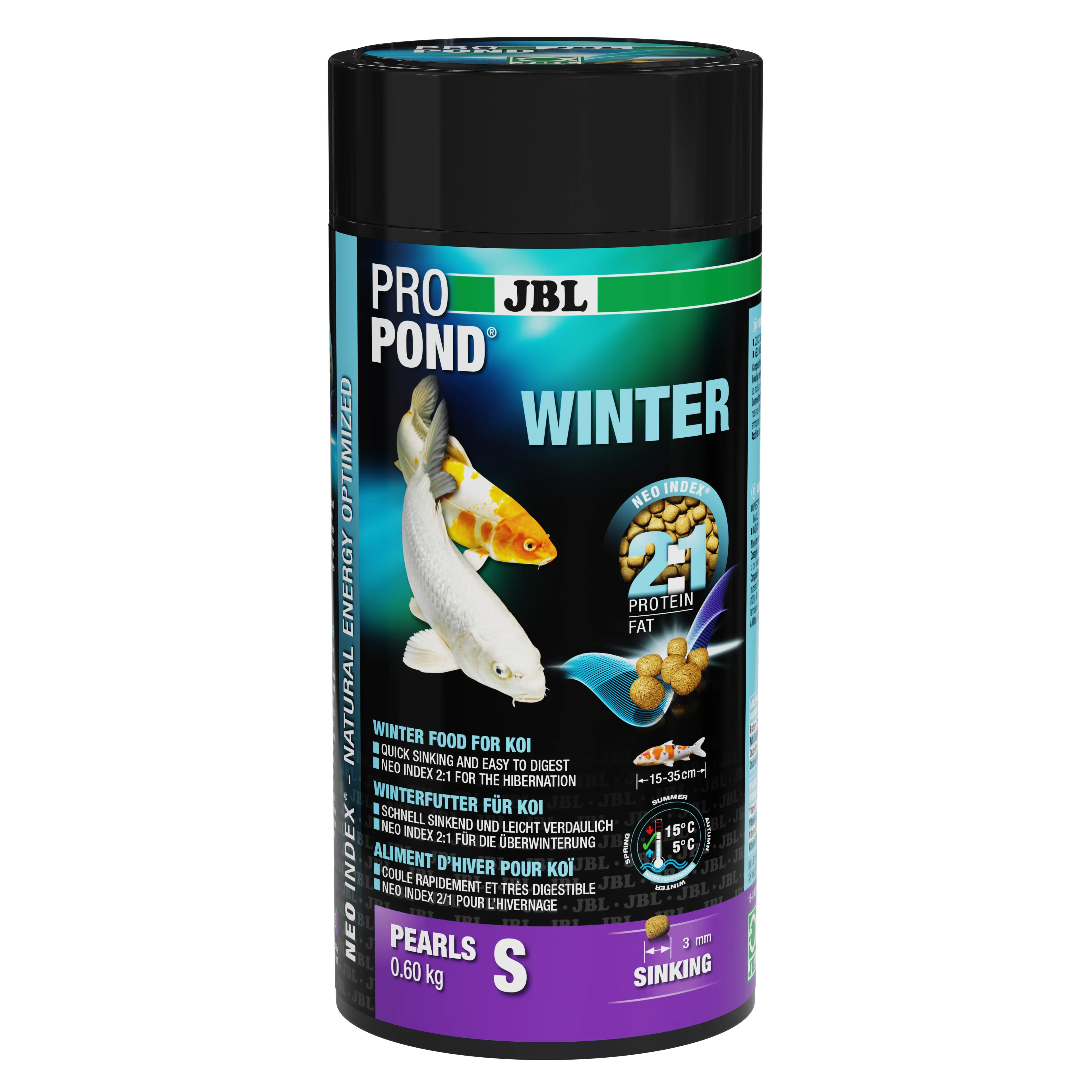 Complete feed with the correct protein-fat ratio of 2:1 according to the NEO Index, which takes into account water temperature, function, animal size and age.