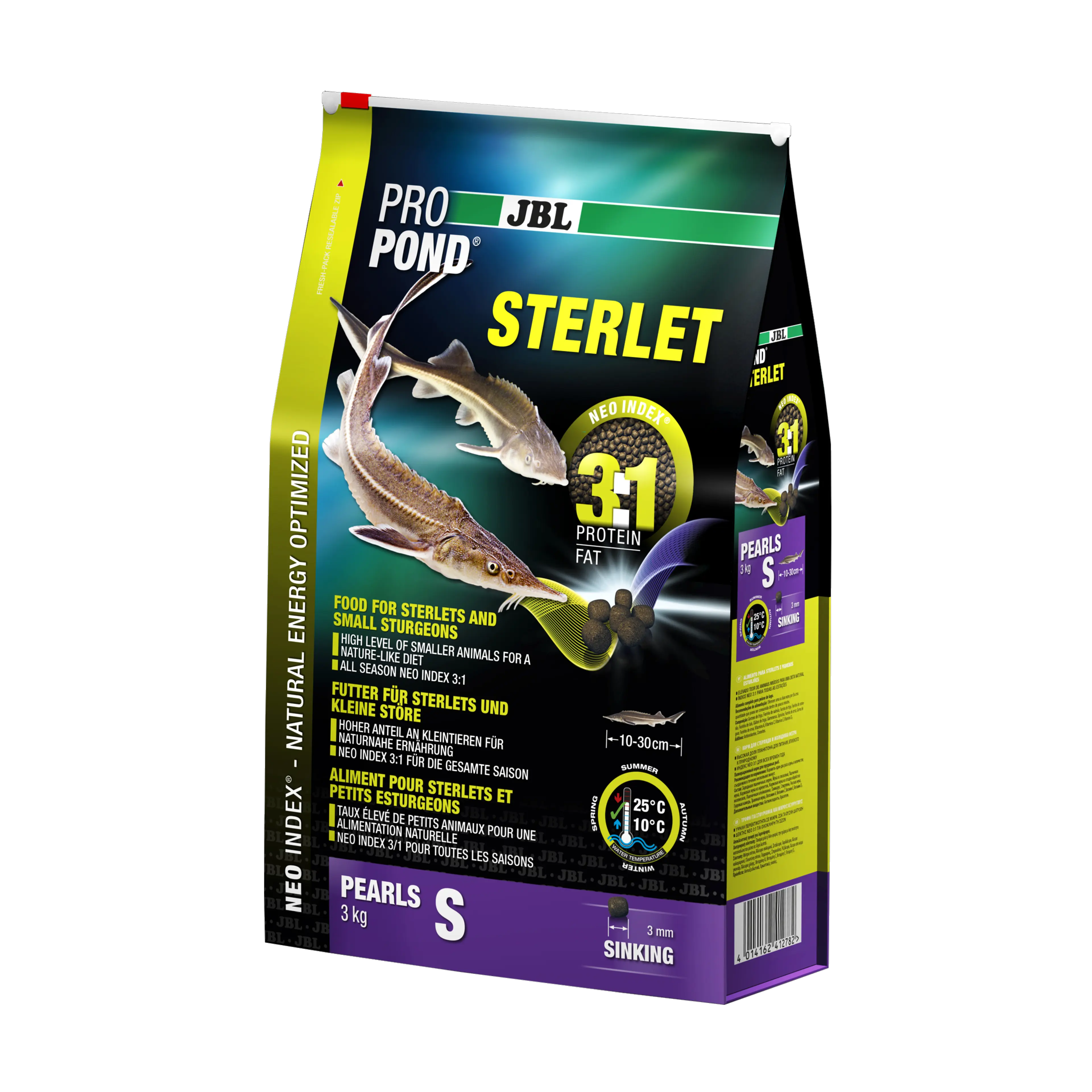 Complete feed with the correct protein-fat ratio of 3:1 according to the NEO Index, which takes into account water temperature, function, animal size and age.