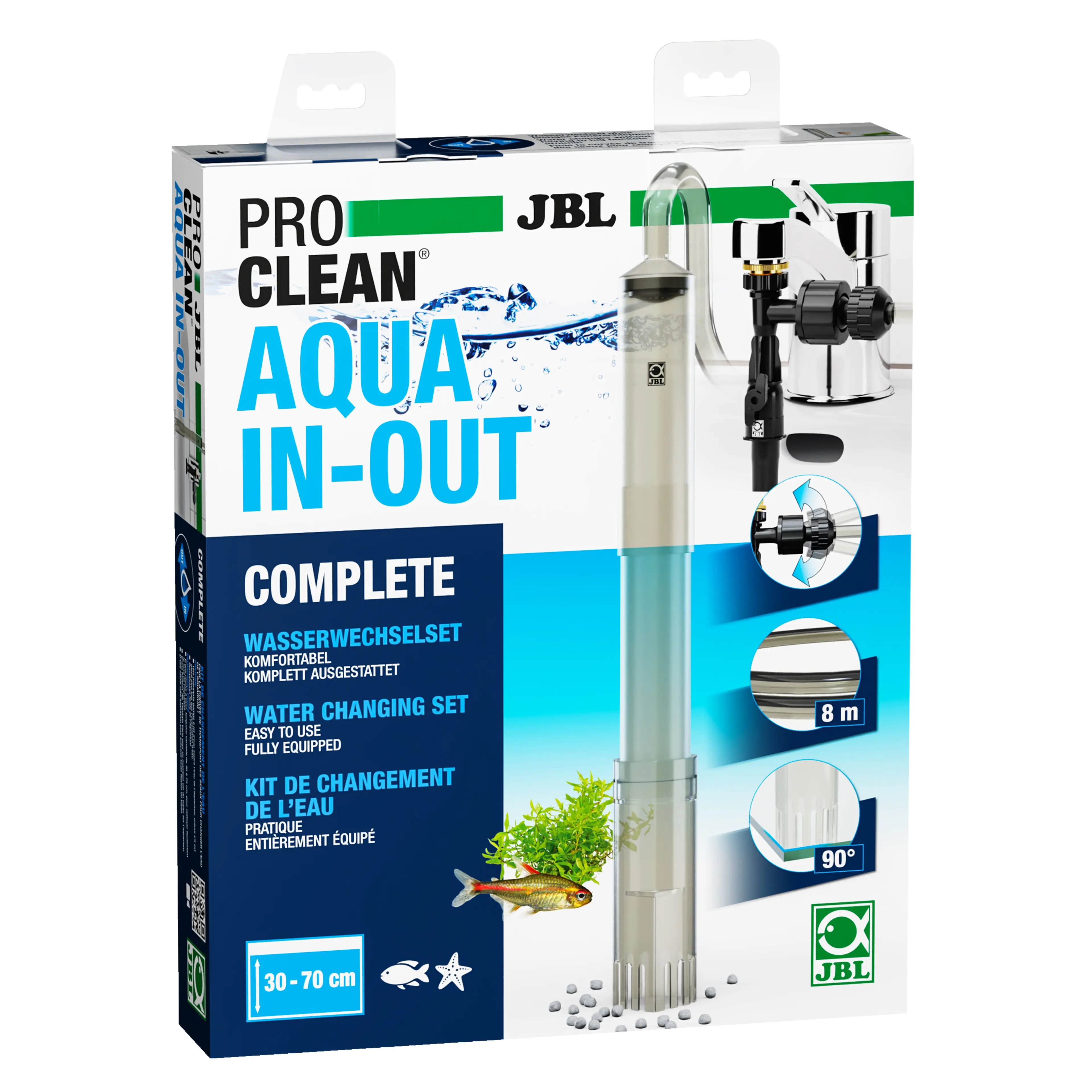 Super practical complete set for partial water changes with substrate cleaning in aquariums 30–70 cm high, with water jet pump for the tap.