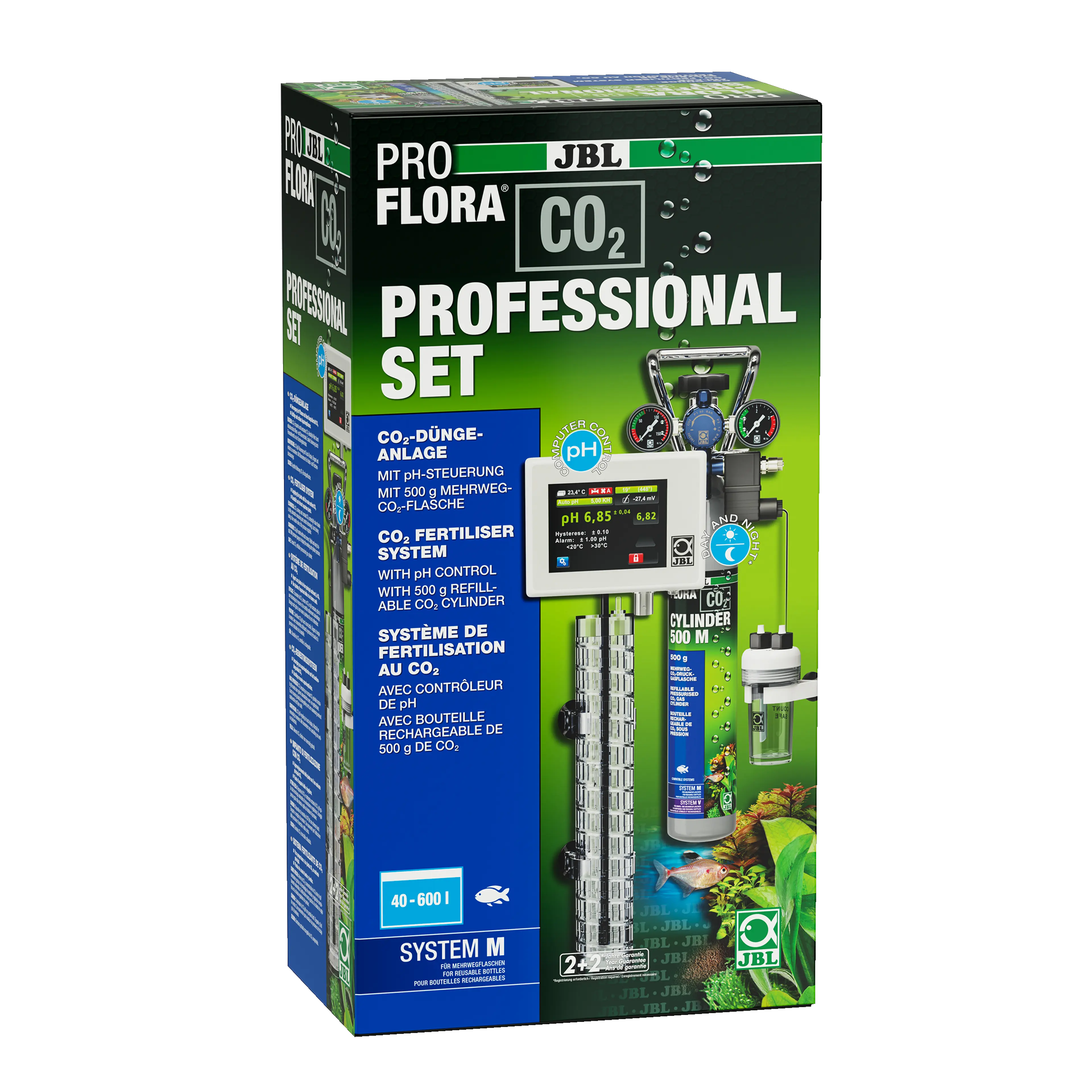 CO2 fertiliser system with automatic CO2/pH control for the optimal supply of all aquarium plants in freshwater aquariums from 40 to 600 litres. A factory-fresh pH electrode must be purchased separately.