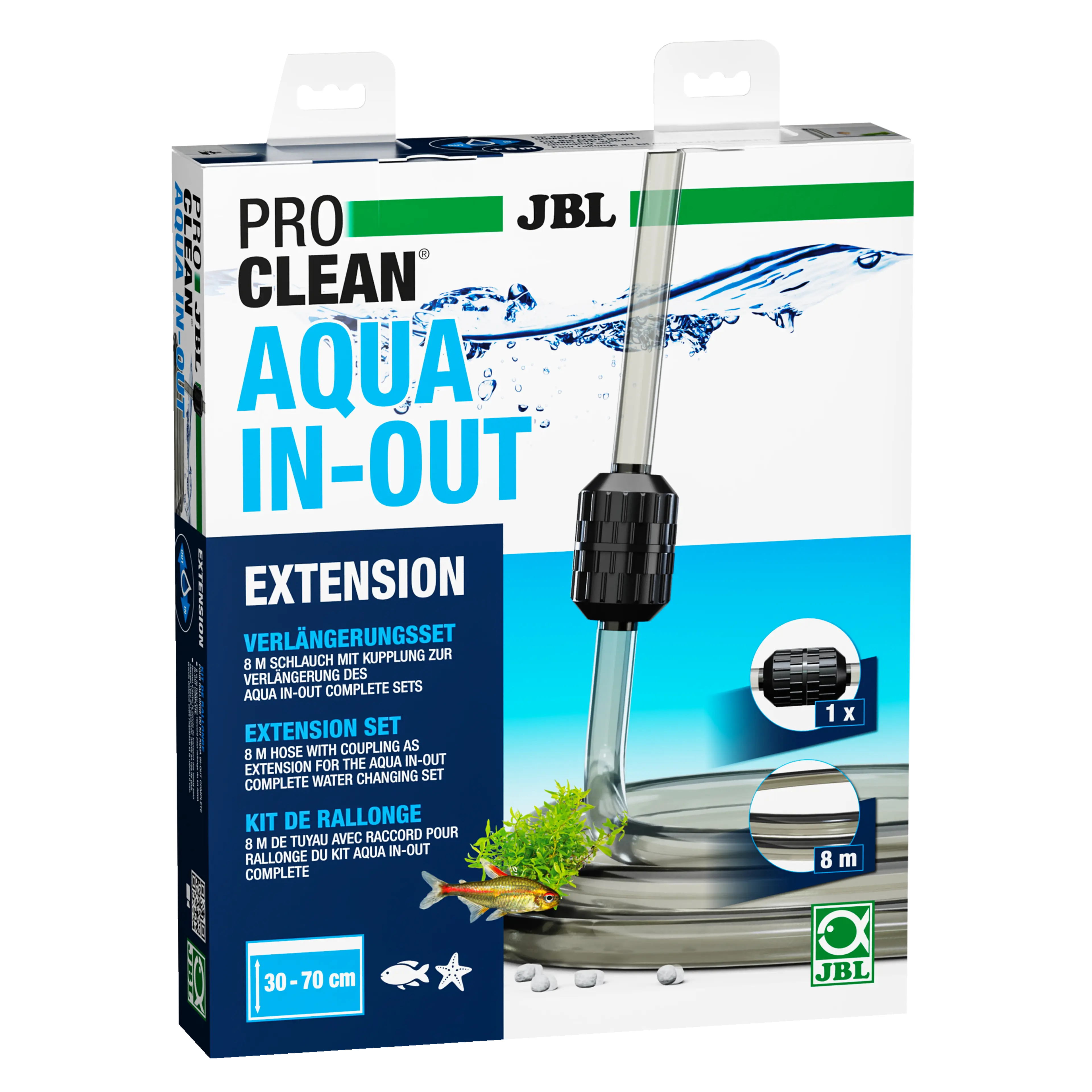 If the 8 m water hose in the JBL PROCLEAN AQUA IN-OUT is not long enough, an 8 m water hose extension set is available.