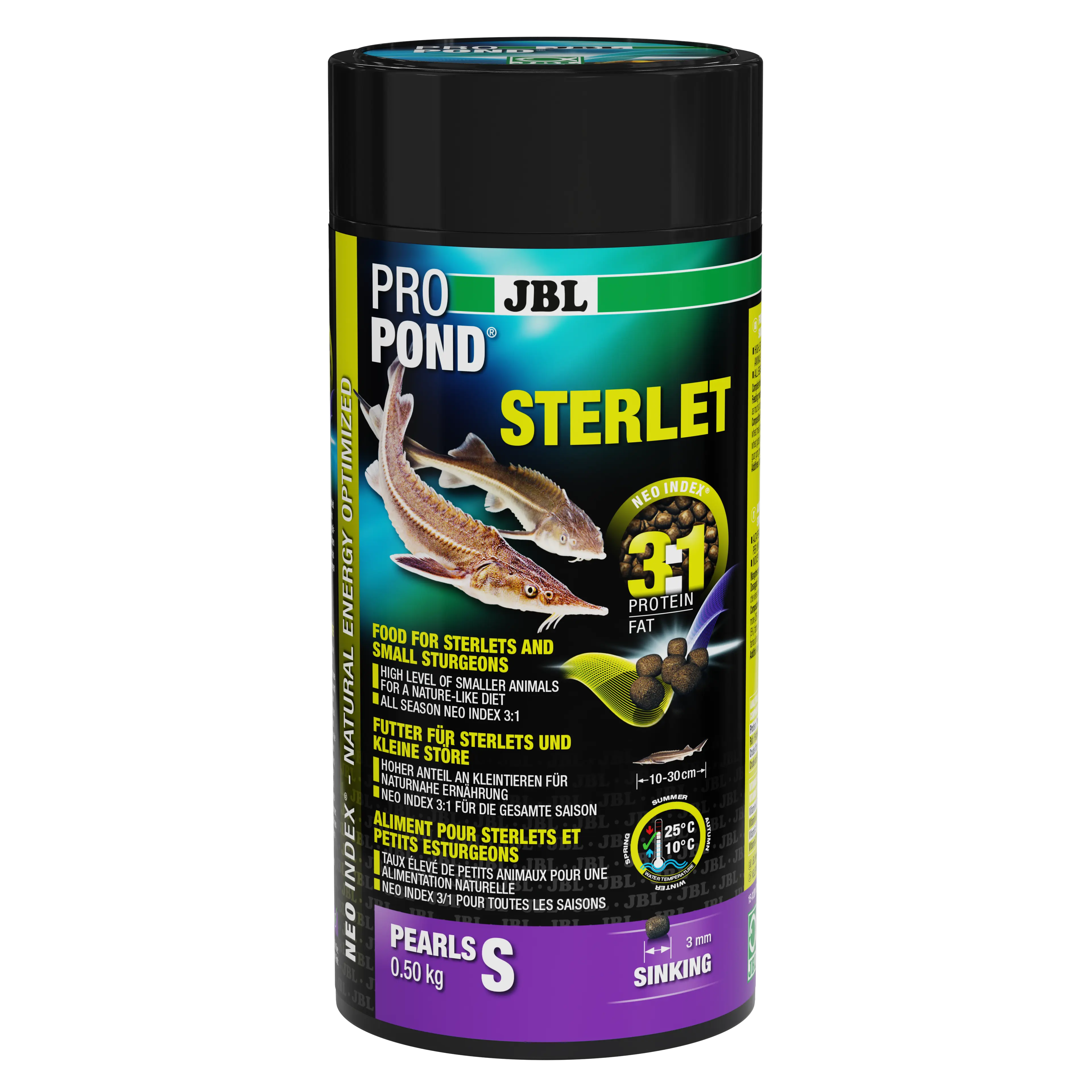 Complete feed with the correct protein-fat ratio of 3:1 according to the NEO Index, which takes into account water temperature, function, animal size and age.