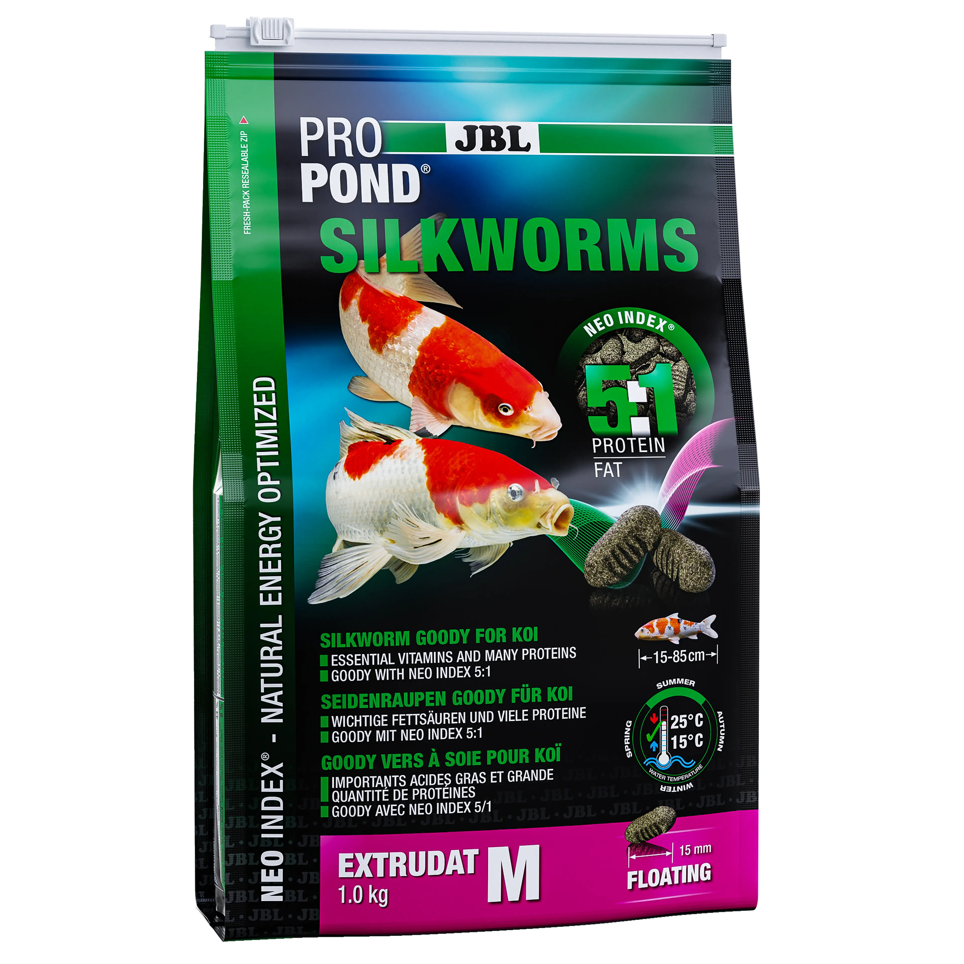 Silkworm extrudate with the correct protein-fat ratio of 5:1 according to the NEO Index, which takes into account water temperature, function, animal size and age.