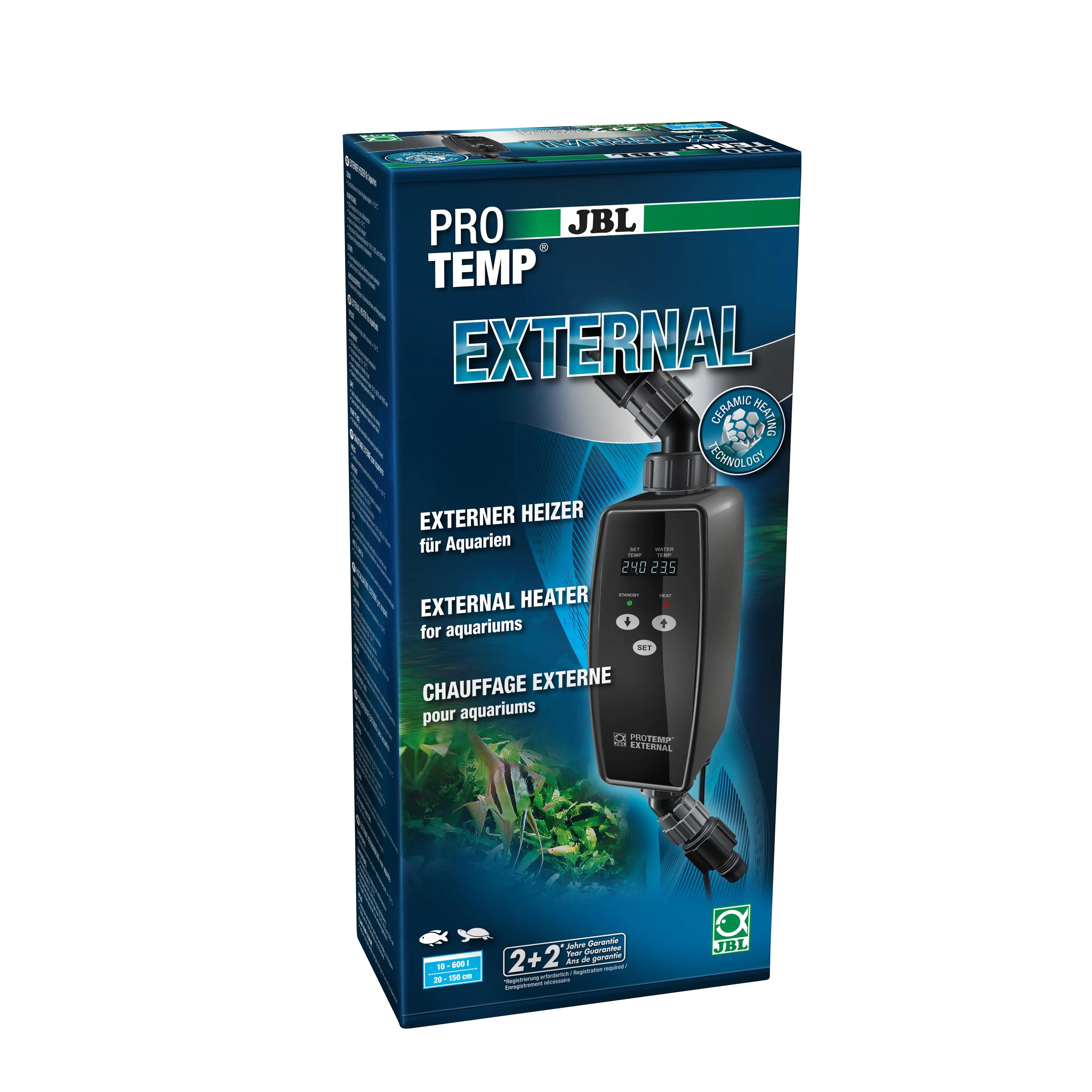 High-performance external ceramic aquarium heater for aquariums ranging from 10 to 600 litres. The energy-efficient ceramic heating element ensures a consistent temperature, whilst overheating protection and an alarm function provide maximum safety. Thanks to swivel connectors, adapters and a wall mount, it can be installed flexibly and in a space-saving manner.