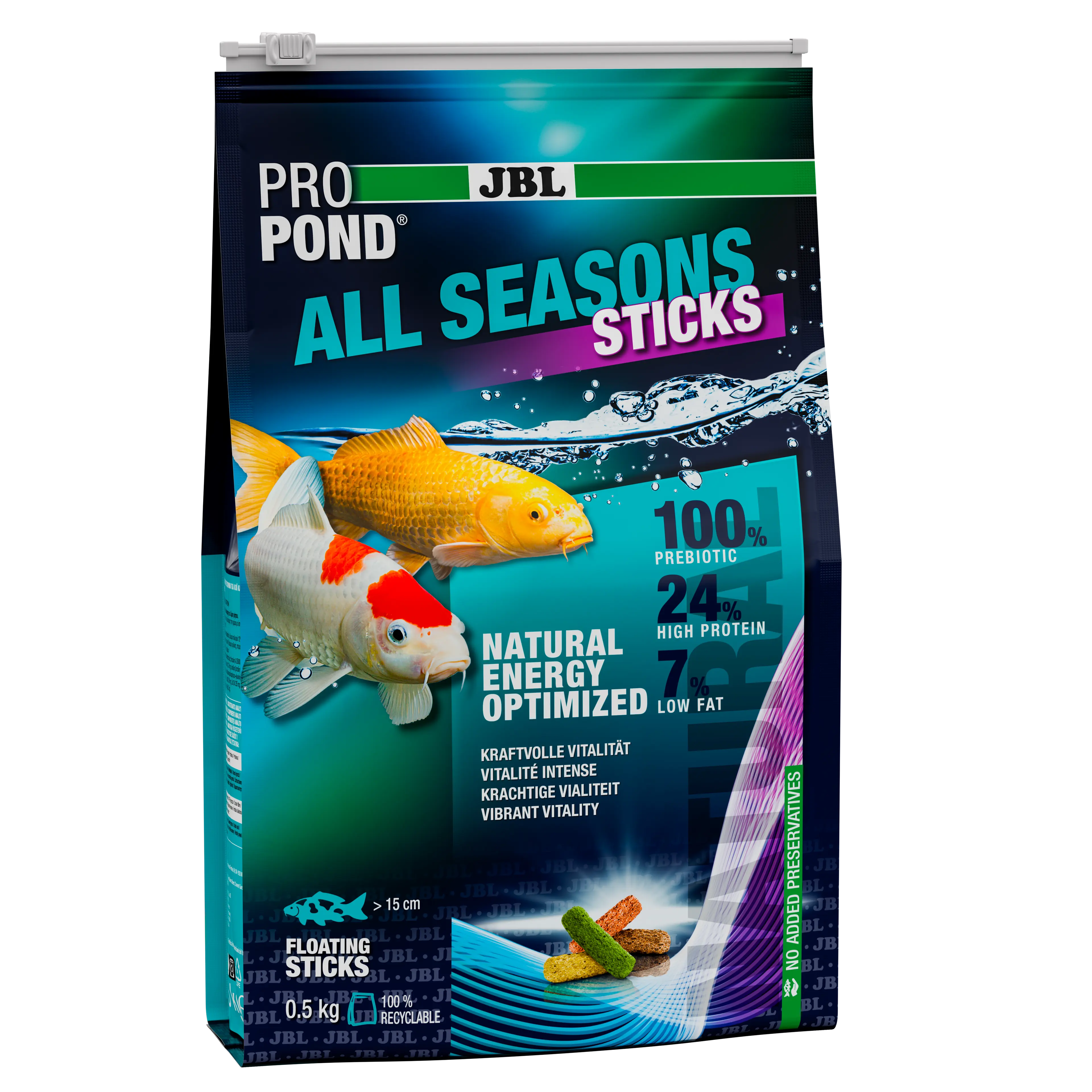 Provides a balanced feed mix for healthy pond fish in all seasons (at water temperatures of 10–25 °C).