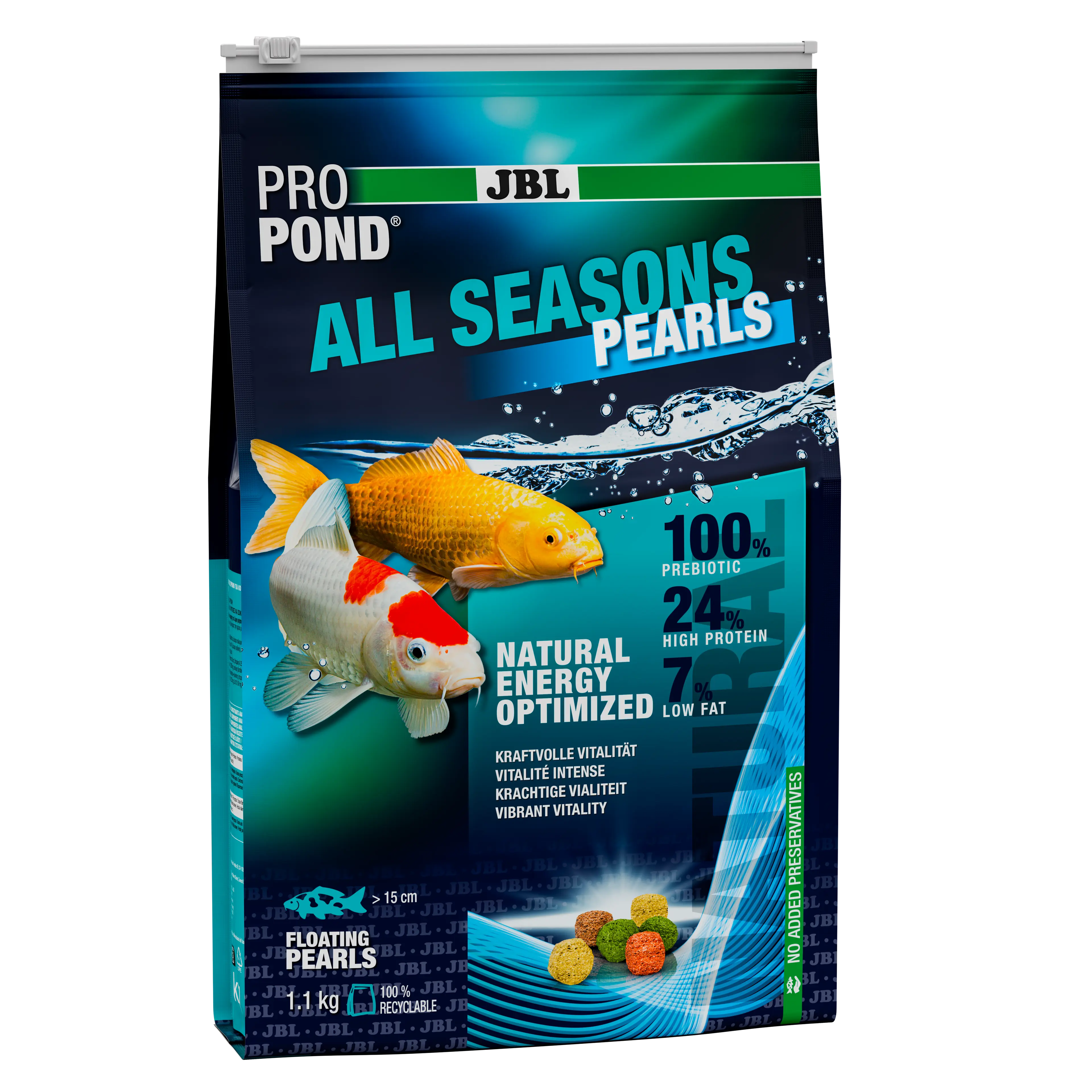 Offre un mélange alimentaire équilibré pour les poissons de bassin vigoureux en toute saison (à une température de l'eau comprise entre 10 et 25 °C).