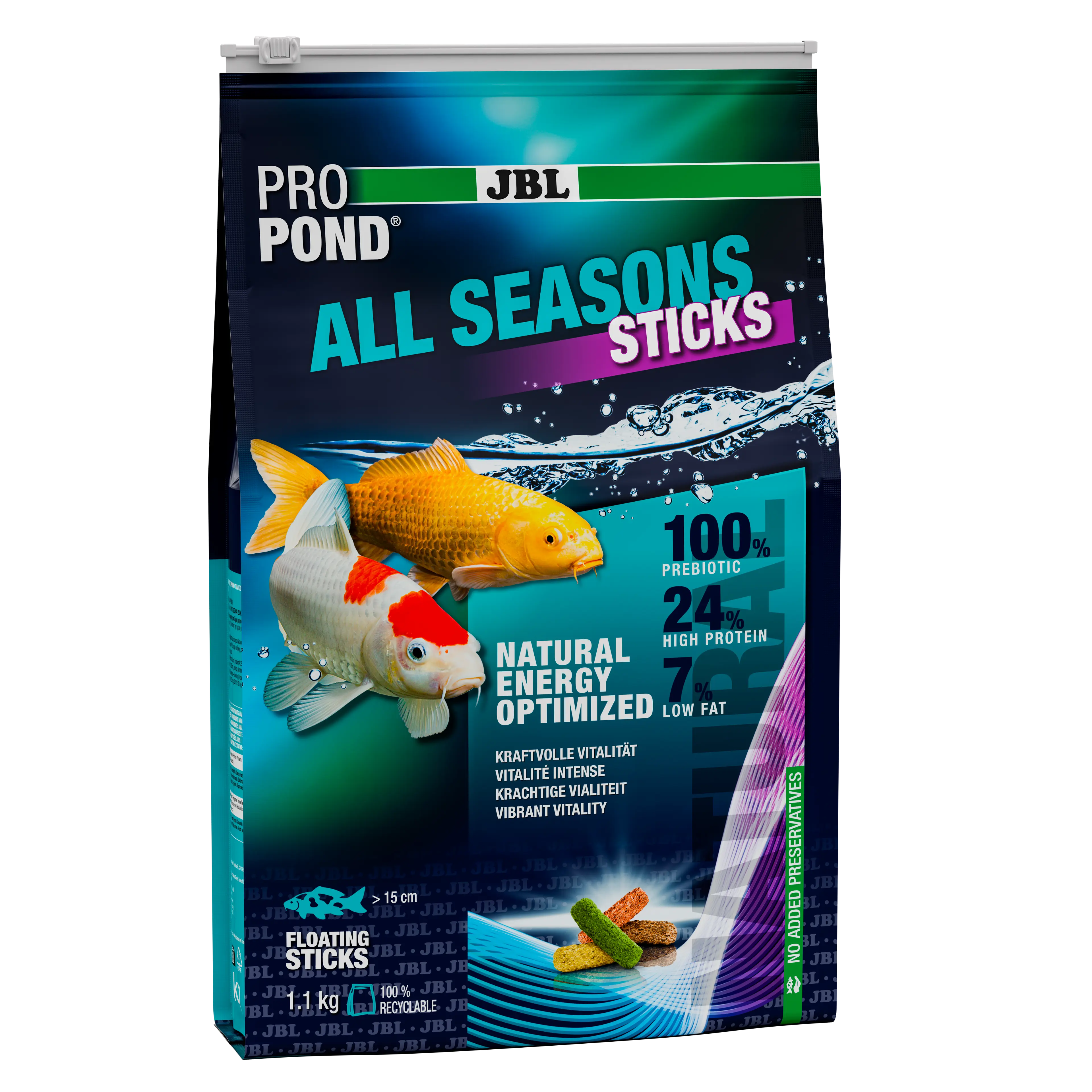 Provides a balanced feed mix for healthy pond fish in all seasons (at water temperatures of 10–25 °C).