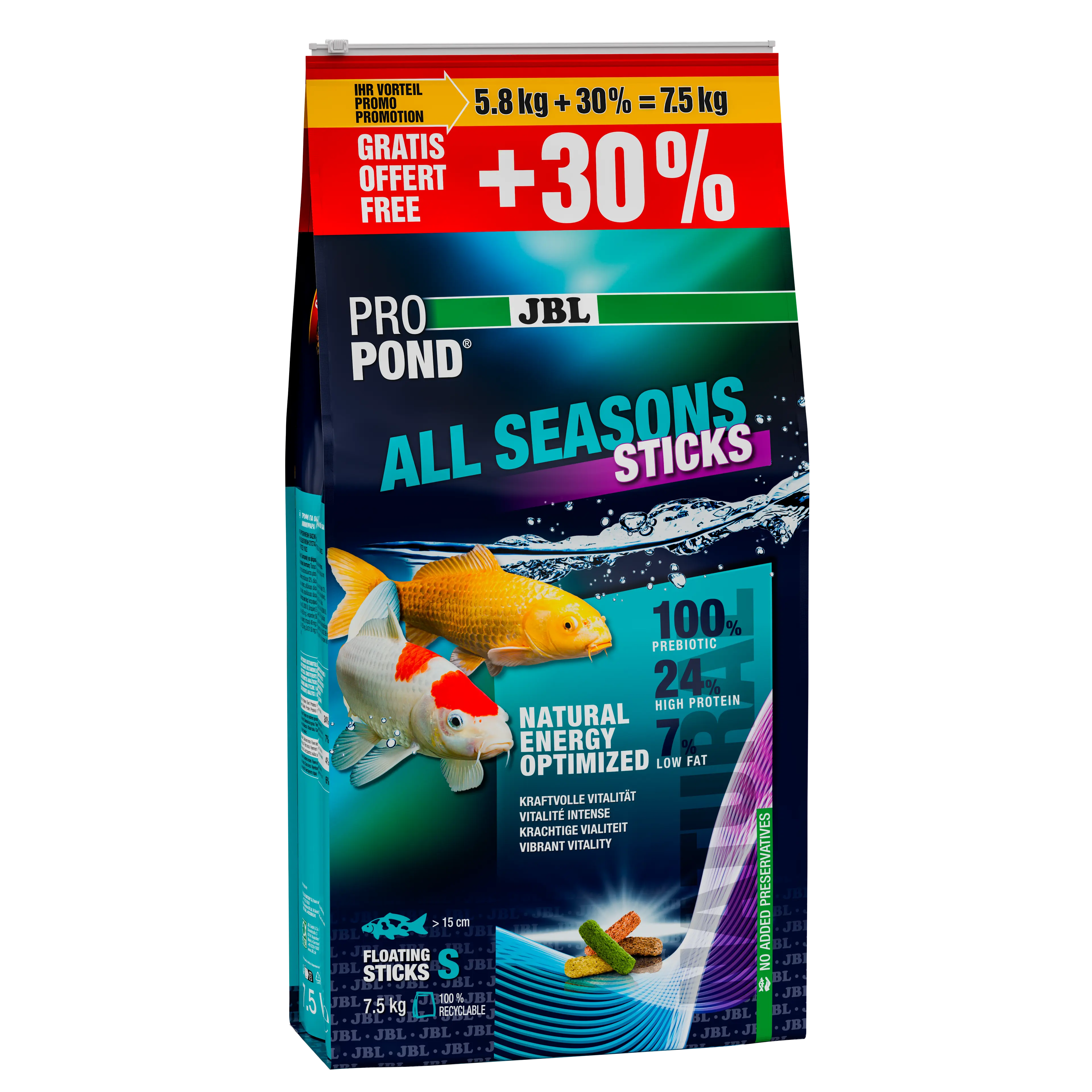 Offre un mélange alimentaire équilibré pour les poissons de bassin vigoureux en toute saison (à une température de l'eau comprise entre 10 et 25 °C).
