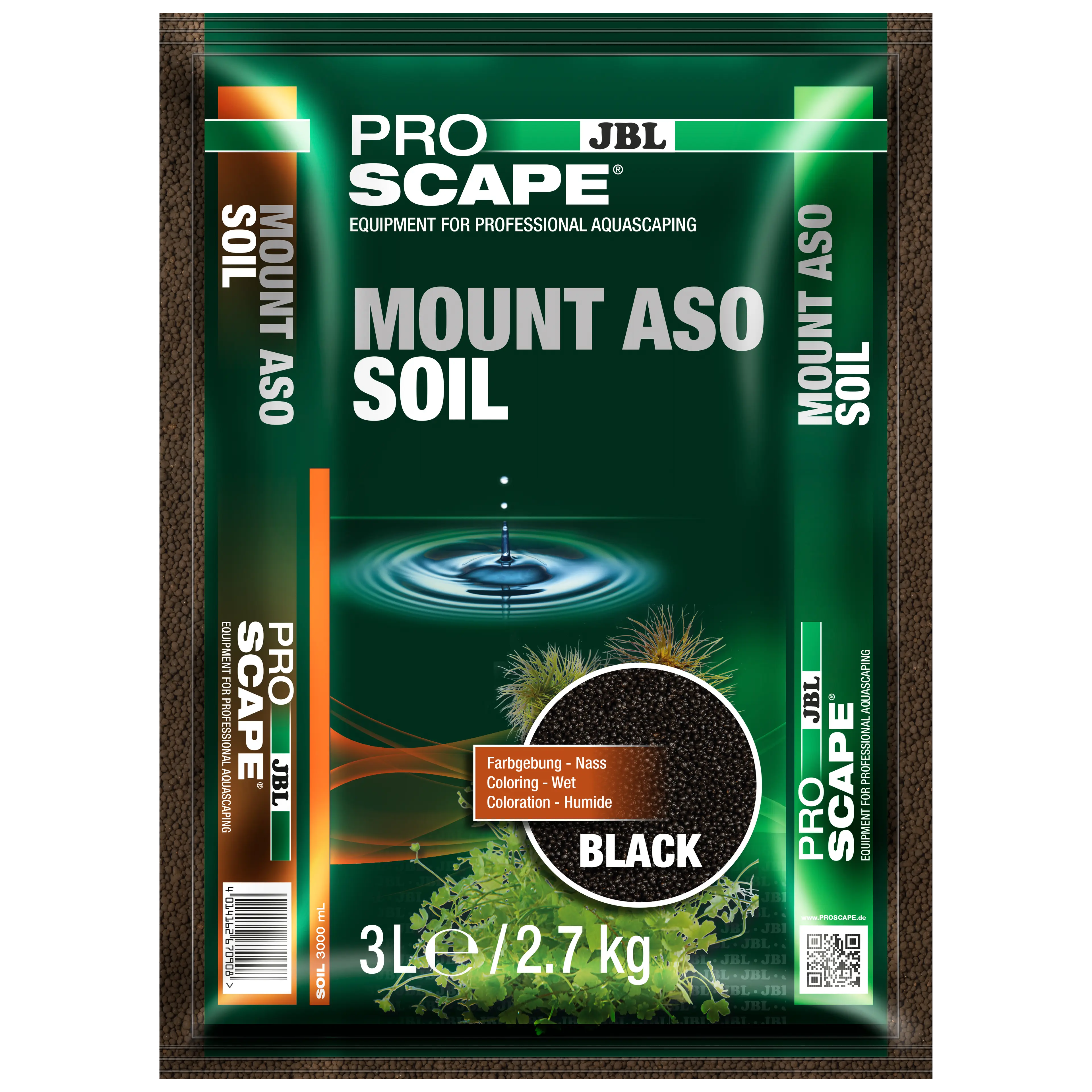 Black, active soil made from natural volcanic ash for professional aquascaping: creates soft, slightly acidic water, promotes vigorous plant growth, binds turbidity and colourants, and supports healthy soil flora