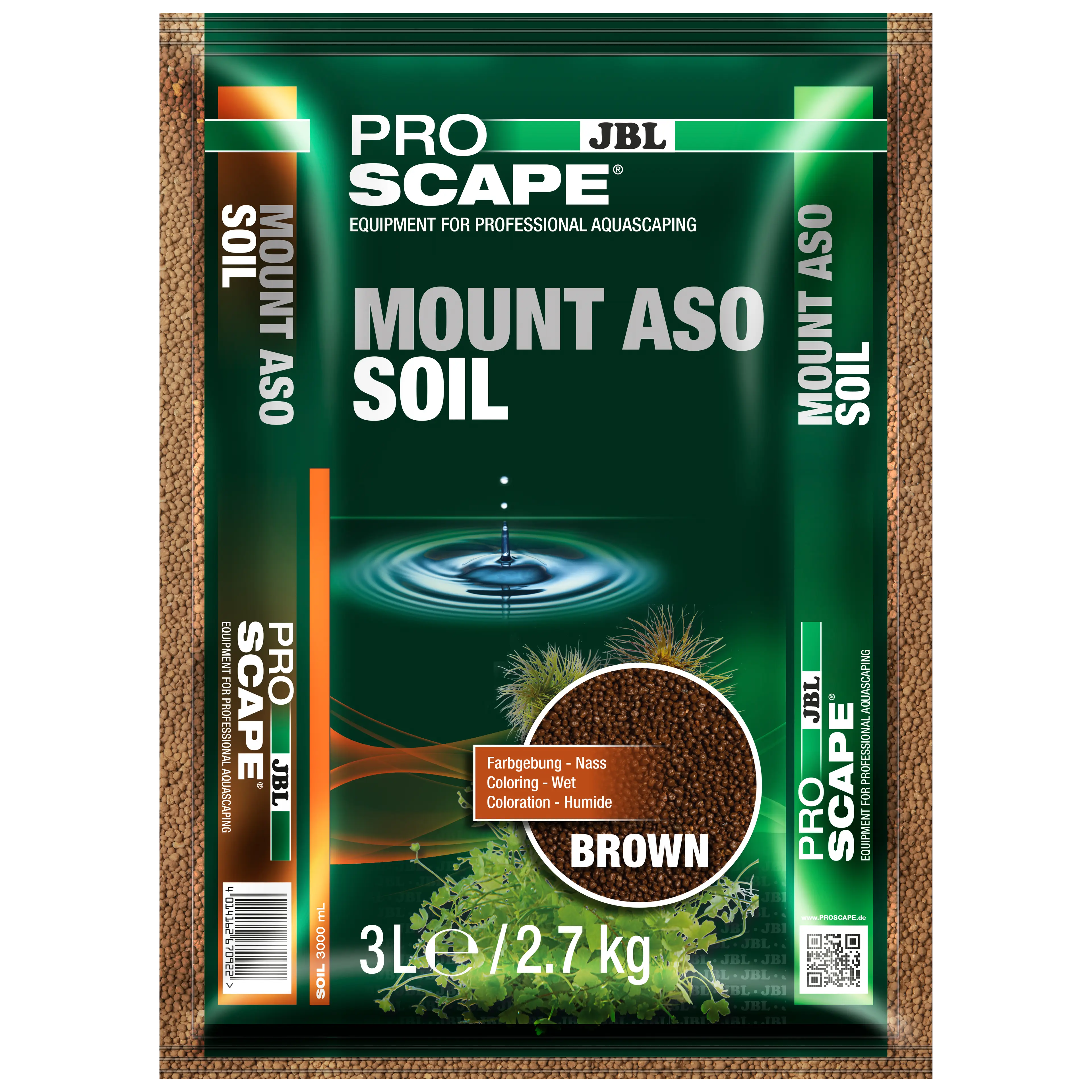 Brown, active soil made from natural volcanic ash for professional aquascaping: creates soft, slightly acidic water, promotes vigorous plant growth, binds turbidity and colourants, and supports healthy soil flora