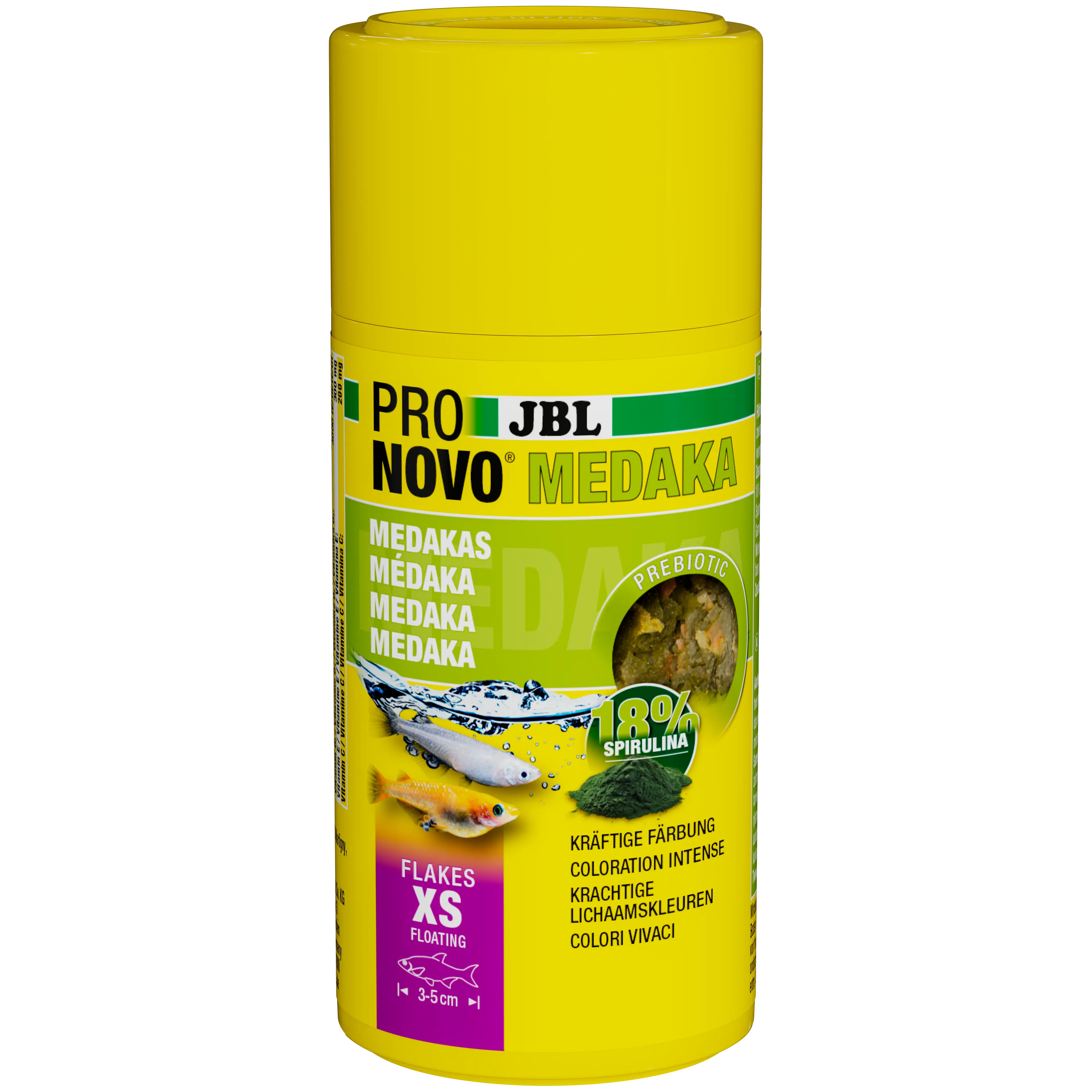 Prebiotic flake food for Japanese rice fish measuring 3–5 cm: Fine, easy-to-measure flakes containing dietary fibre support healthy digestion and allow you to feed your medaka in a targeted manner.