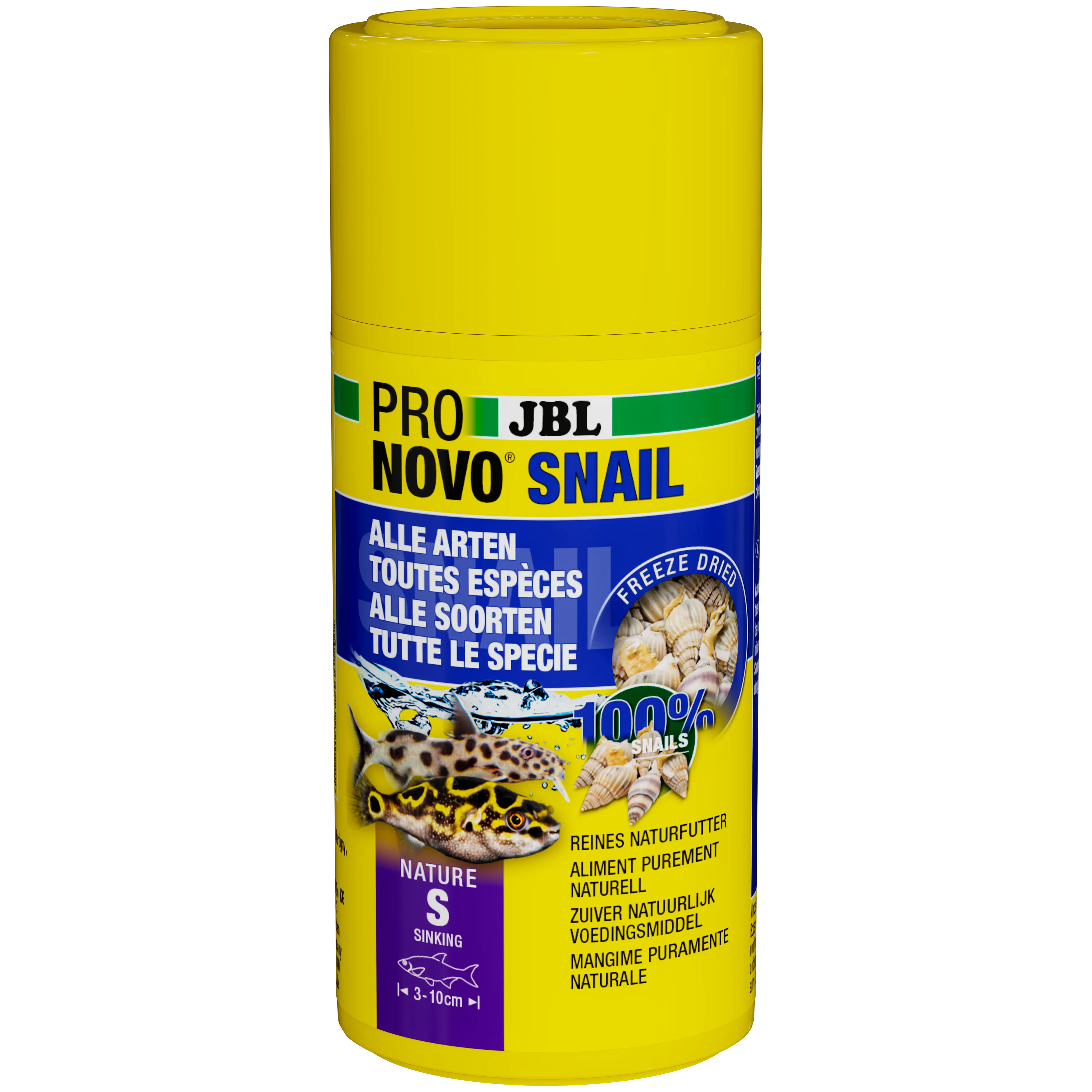 JBL PRONOVO SNAIL est un aliment haut de gamme pour escargots, composé d'escargots entiers lyophilisés avec leur coquille. Idéal pour les poissons d'ornement se nourrissant d'escargots, tels que les poissons-globe, les loches et les silures à barbillons. La forme naturelle de cet aliment favorise l'usure dentaire, apporte des protéines de qualité et ne contient ni additifs ni conservateurs – parfait comme aliment principal ou d'appoint.